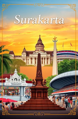 A book cover design featuring the iconic landmarks of Surakarta, Indonesia