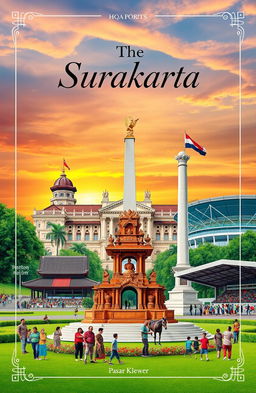 A book cover design featuring the iconic landmarks of Surakarta, Indonesia