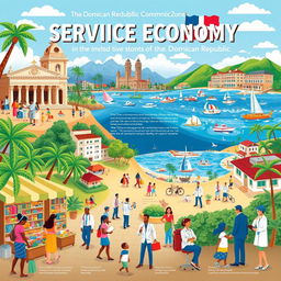 A colorful and informative illustration depicting the service economy in the development of the Dominican Republic