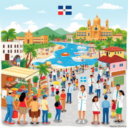 A colorful and informative illustration depicting the service economy in the development of the Dominican Republic