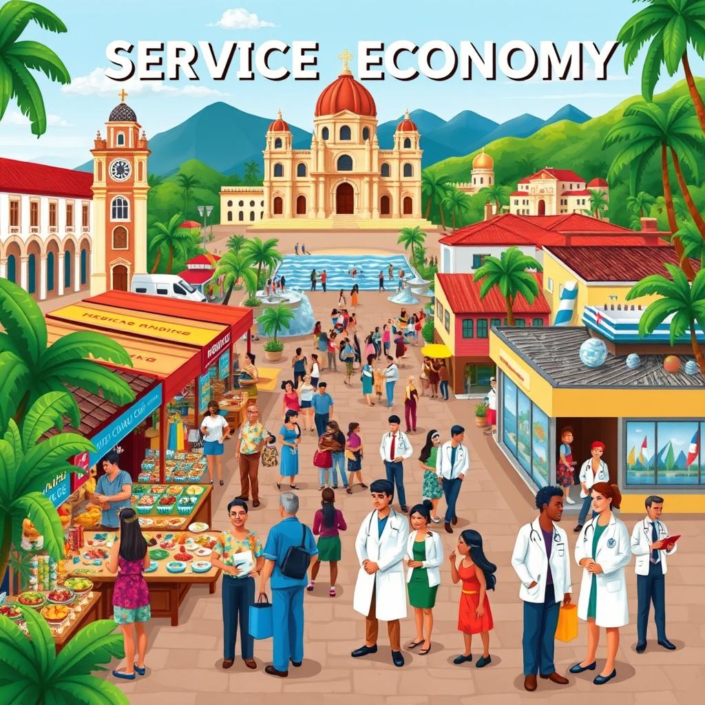 A colorful and informative illustration depicting the service economy in the development of the Dominican Republic