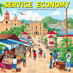 A colorful and informative illustration depicting the service economy in the development of the Dominican Republic