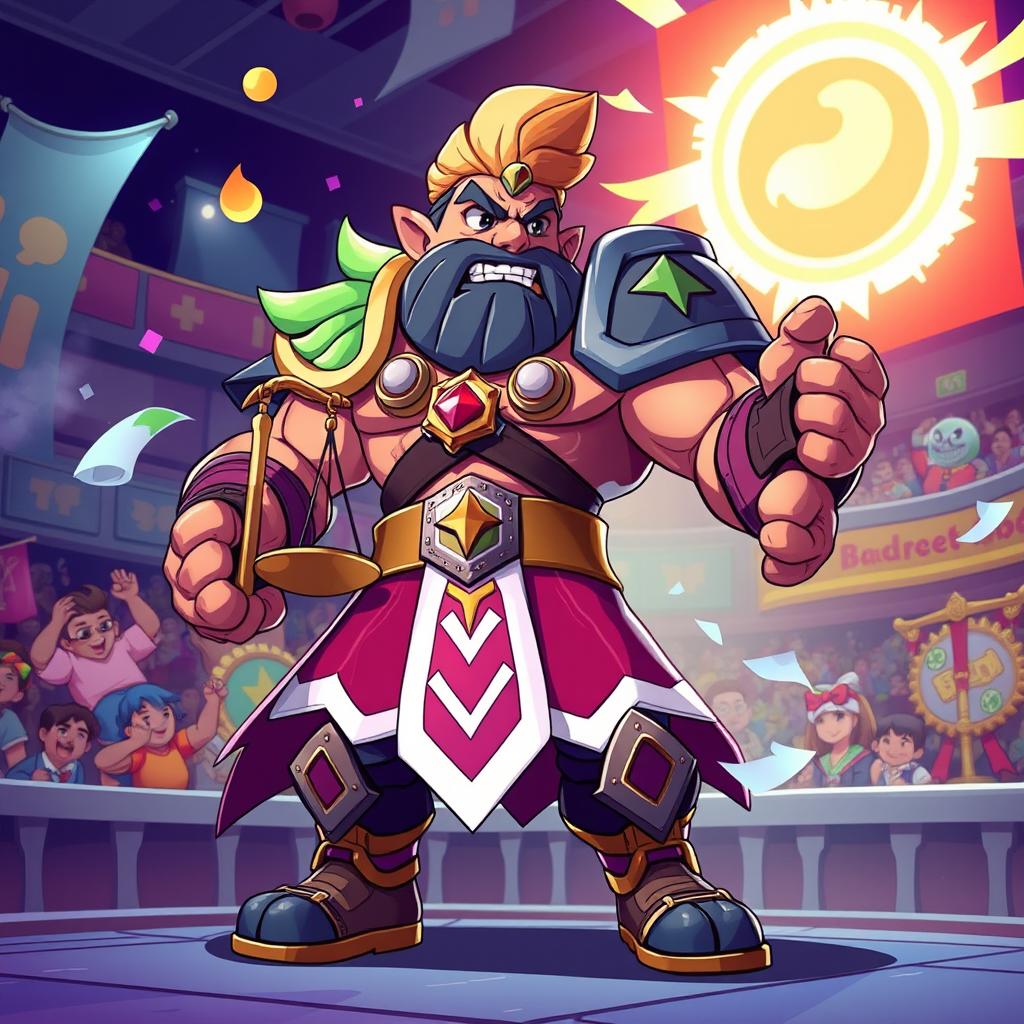 A heroic brawler character inspired by the concept of a fair and just warrior, set in a vibrant, animated universe like Brawliverse