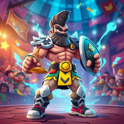 A heroic brawler character inspired by the concept of a fair and just warrior, set in a vibrant, animated universe like Brawliverse