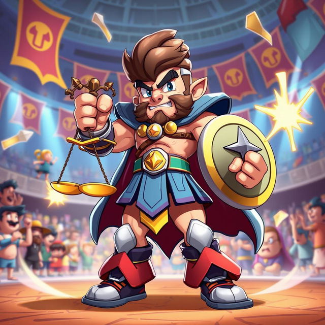 A heroic brawler character inspired by the concept of a fair and just warrior, set in a vibrant, animated universe like Brawliverse
