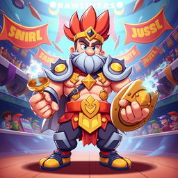 A heroic brawler character inspired by the concept of a fair and just warrior, set in a vibrant, animated universe like Brawliverse
