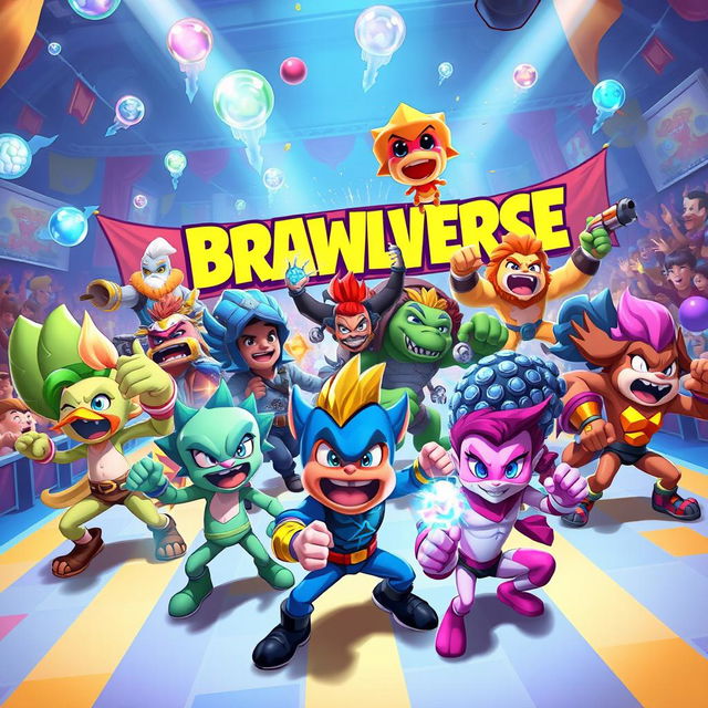 A vibrant and energetic scene from the Brawliverse, showcasing various unique brawler characters in a colorful arena