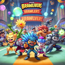 A vibrant and energetic scene from the Brawliverse, showcasing various unique brawler characters in a colorful arena