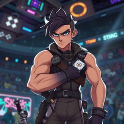 An intelligent and just brawler character, exuding a sense of calm confidence and strategic thinking