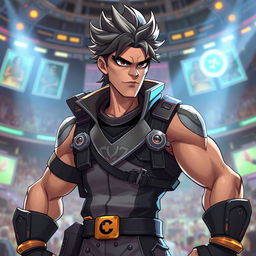 An intelligent and just brawler character, exuding a sense of calm confidence and strategic thinking