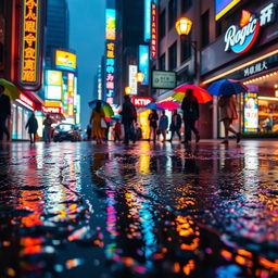 A close-up of a soaked street in a vibrant city after a heavy rain, with colorful reflections of neon signs on the wet pavement, vivid umbrellas dotting the scene, and puddles collecting, adding ripples to the reflective surfaces