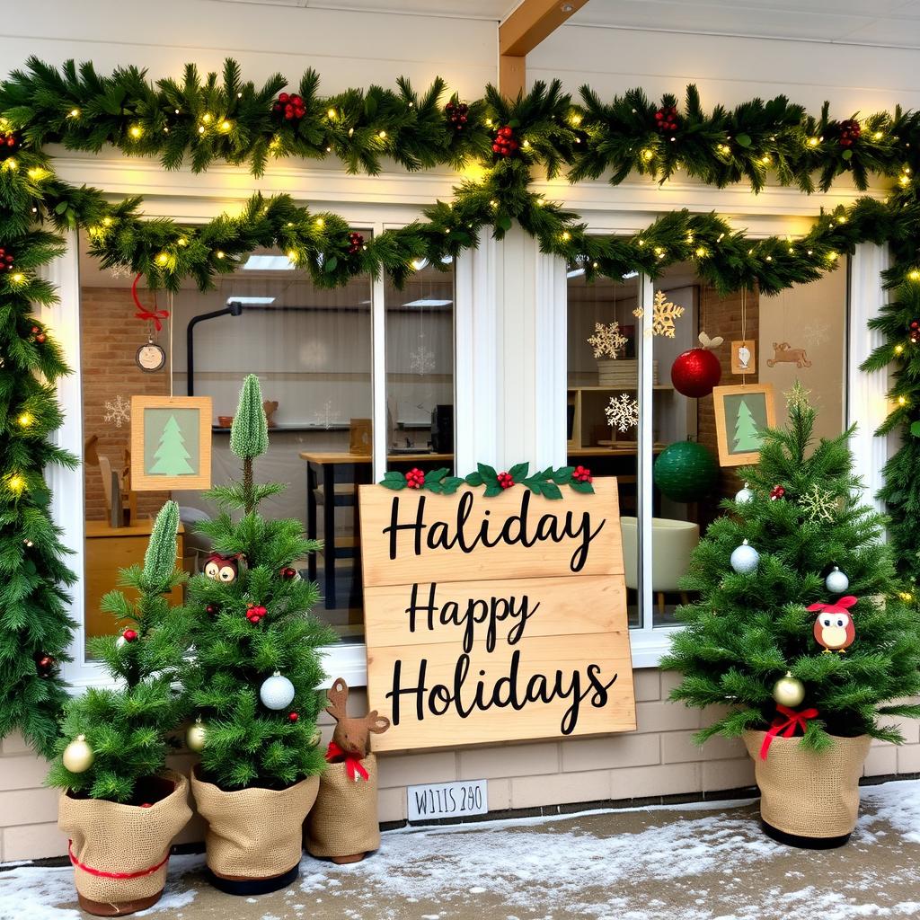 A beautifully decorated classroom exterior with a 'Forest' theme for Christmas