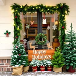 A beautifully decorated classroom exterior with a 'Forest' theme for Christmas