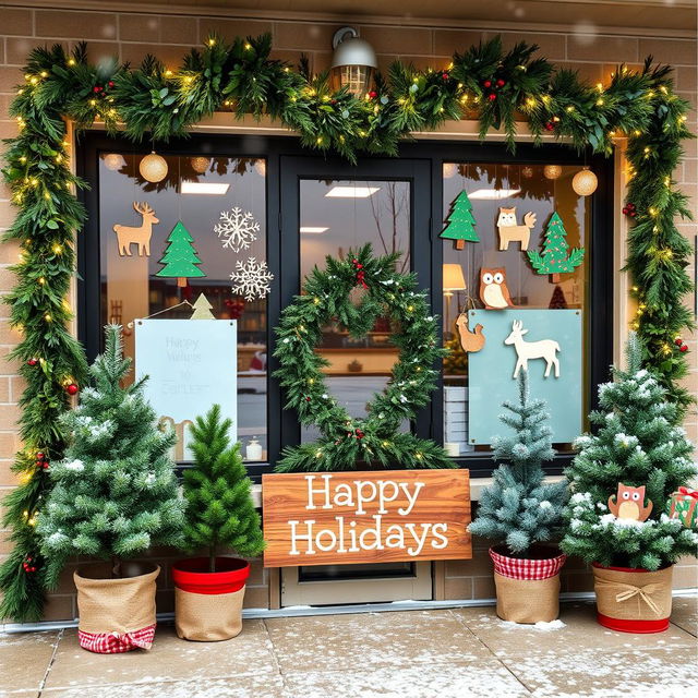 A beautifully decorated classroom exterior with a 'Forest' theme for Christmas