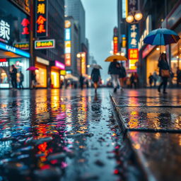 A close-up of a soaked street in a vibrant city after a heavy rain, with colorful reflections of neon signs on the wet pavement, vivid umbrellas dotting the scene, and puddles collecting, adding ripples to the reflective surfaces