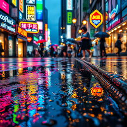 A close-up of a soaked street in a vibrant city after a heavy rain, with colorful reflections of neon signs on the wet pavement, vivid umbrellas dotting the scene, and puddles collecting, adding ripples to the reflective surfaces