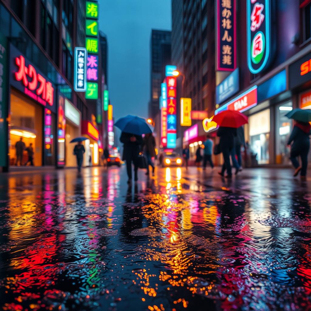 A close-up of a soaked street in a vibrant city after a heavy rain, with colorful reflections of neon signs on the wet pavement, vivid umbrellas dotting the scene, and puddles collecting, adding ripples to the reflective surfaces