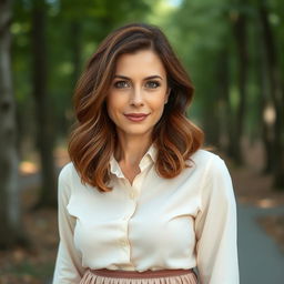 A 40-year-old Italian woman with medium-length chestnut hair, slightly wavy and styled naturally