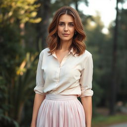 A 40-year-old Italian woman with medium-length chestnut hair, slightly wavy and styled naturally