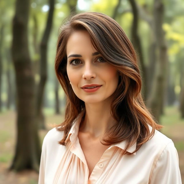 A 40-year-old Italian woman with medium-length chestnut hair, slightly wavy and styled naturally