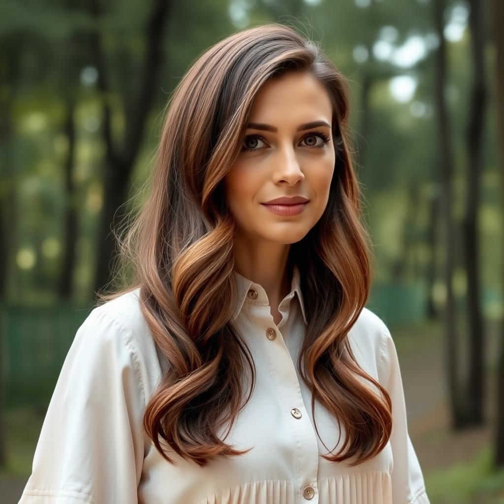 A 40-year-old Italian woman with medium-length chestnut hair, slightly wavy and styled naturally