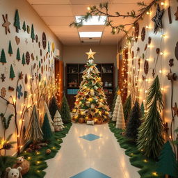 A beautifully decorated classroom featuring a DIY Christmas theme inspired by a forest