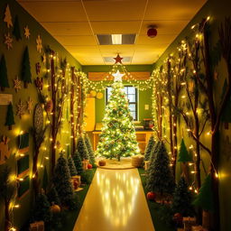 A beautifully decorated classroom featuring a DIY Christmas theme inspired by a forest