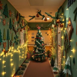 A beautifully decorated classroom featuring a DIY Christmas theme inspired by a forest