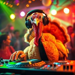 A turkey wearing headphones perched on its head, sporting a sleek black tie around its neck