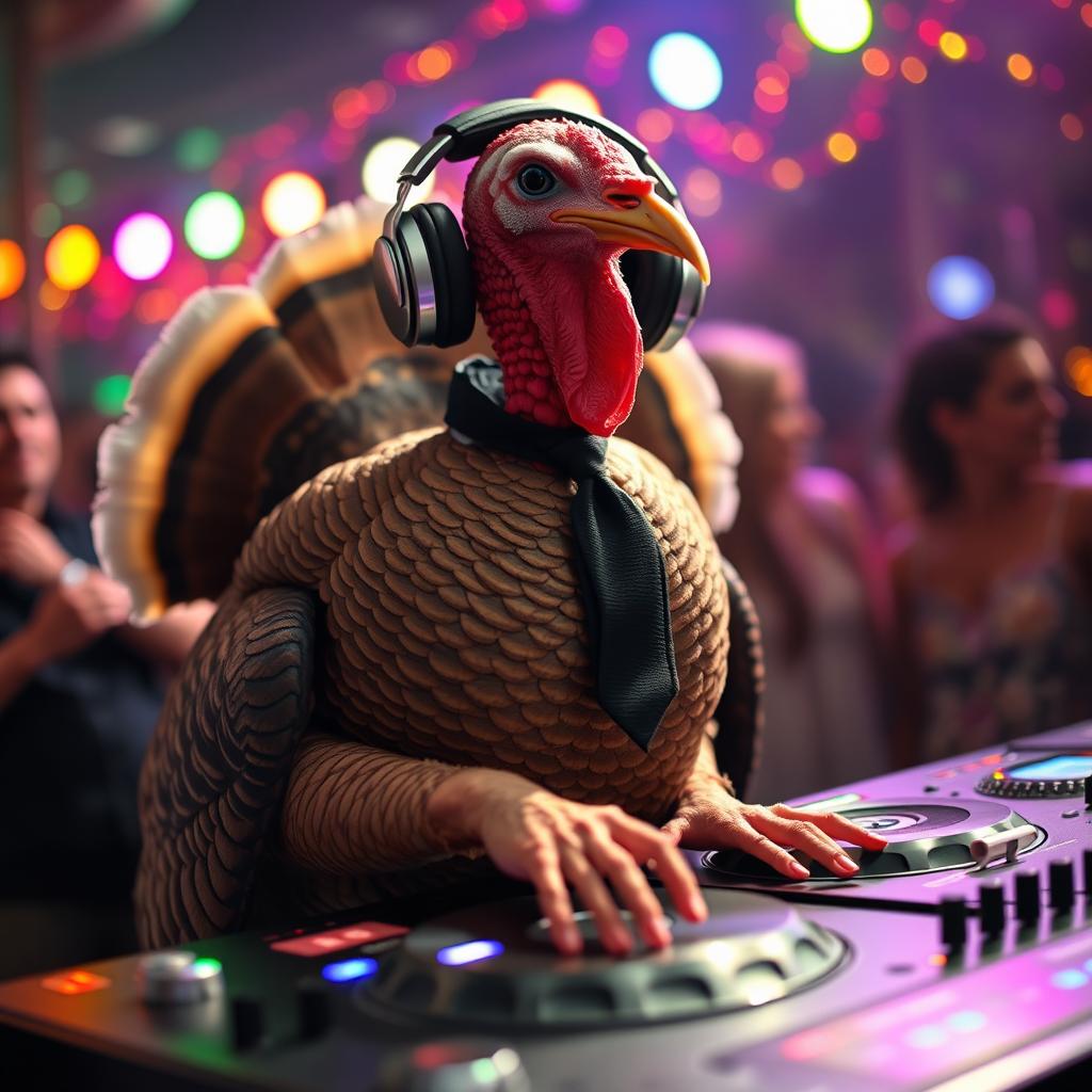 A turkey wearing headphones perched on its head, sporting a sleek black tie around its neck