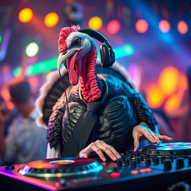 A turkey wearing headphones perched on its head, sporting a sleek black tie around its neck