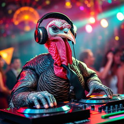 A turkey wearing headphones perched on its head, sporting a sleek black tie around its neck