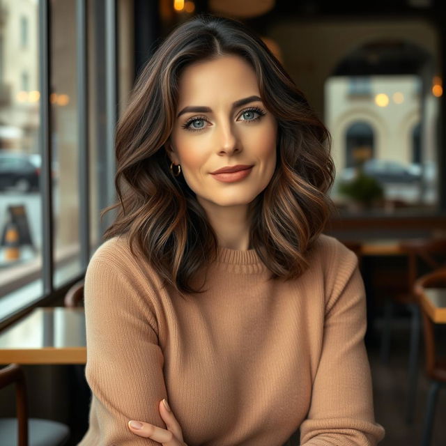 A 40-year-old Italian woman with fair skin and dark wavy hair that falls just below her shoulders