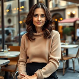 A 40-year-old Italian woman with fair skin and dark wavy hair that falls just below her shoulders