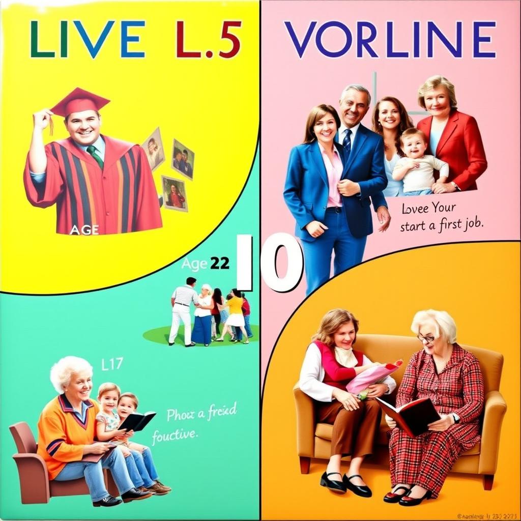 A vibrant poster showcasing the milestones of a person's life from age 17 to their later years