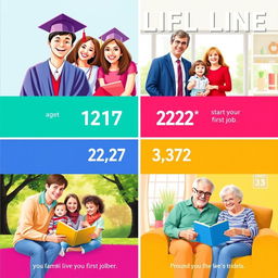 A vibrant poster showcasing the milestones of a person's life from age 17 to their later years