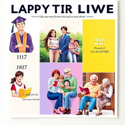 A vibrant poster showcasing the milestones of a person's life from age 17 to their later years