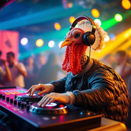 A turkey wearing headphones on its head and a stylish black tie around its neck, energetically mixing music on a DJ turntable