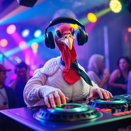 A turkey wearing headphones on its head and a stylish black tie around its neck, energetically mixing music on a DJ turntable