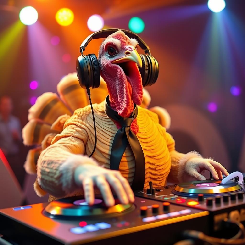 A turkey wearing headphones on its head and a stylish black tie around its neck, energetically mixing music on a DJ turntable