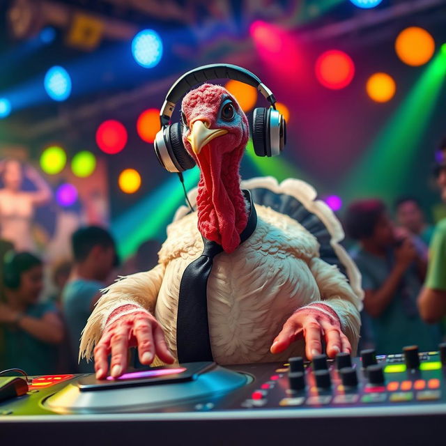 A turkey wearing headphones on its head and a stylish black tie around its neck, energetically mixing music on a DJ turntable