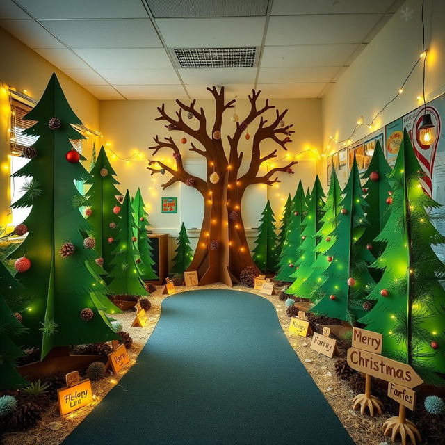 A beautifully decorated classroom setting for Christmas featuring a forest theme