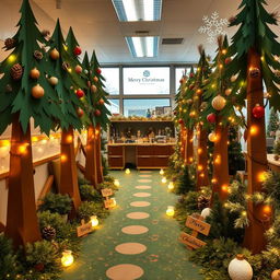 A beautifully decorated classroom setting for Christmas featuring a forest theme