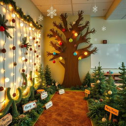 A beautifully decorated classroom setting for Christmas featuring a forest theme