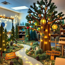 A beautifully decorated classroom setting for Christmas featuring a forest theme