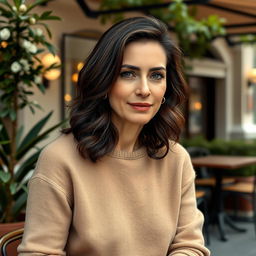 A 40-year-old Italian woman with fair skin and dark wavy hair that falls just below her shoulders
