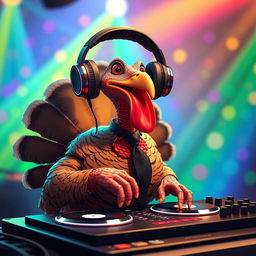 A turkey with headphones adorning its head and a stylish black tie around its neck, enthusiastically mixing tracks on a DJ turntable