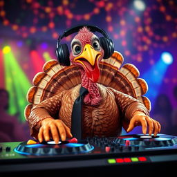A turkey with headphones adorning its head and a stylish black tie around its neck, enthusiastically mixing tracks on a DJ turntable