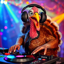 A turkey with headphones adorning its head and a stylish black tie around its neck, enthusiastically mixing tracks on a DJ turntable