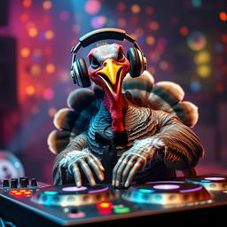 A turkey with headphones adorning its head and a stylish black tie around its neck, enthusiastically mixing tracks on a DJ turntable